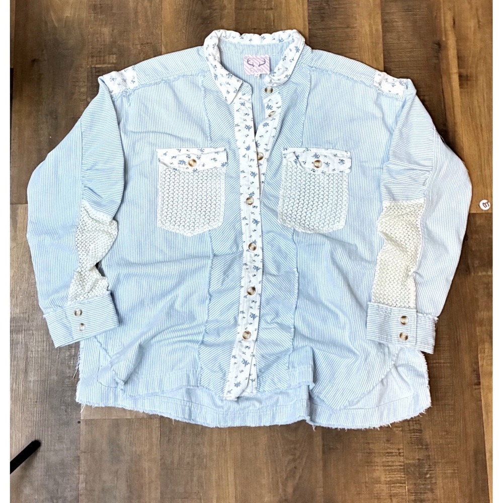 Fantastic Fawn Blue Striped Crochet Lace Floral Mixed Media Button Down Shirt M